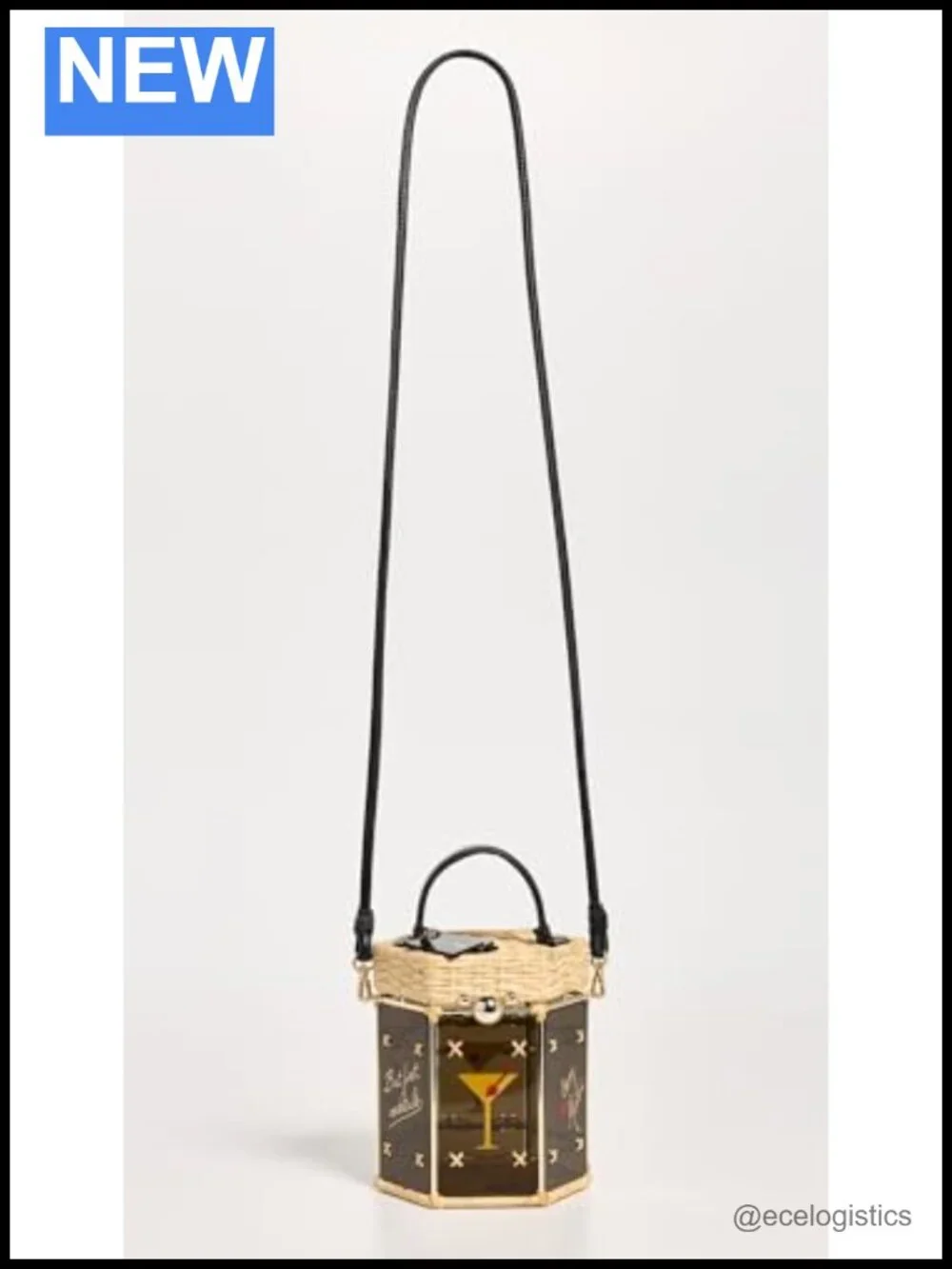 Acrylic Bucket Bag with Rattan Trim, Magnetic Closure, Gold Hardware